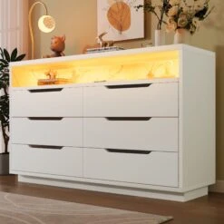 LED Sideboard Kommode Mit 6 Schubladen In Weiß