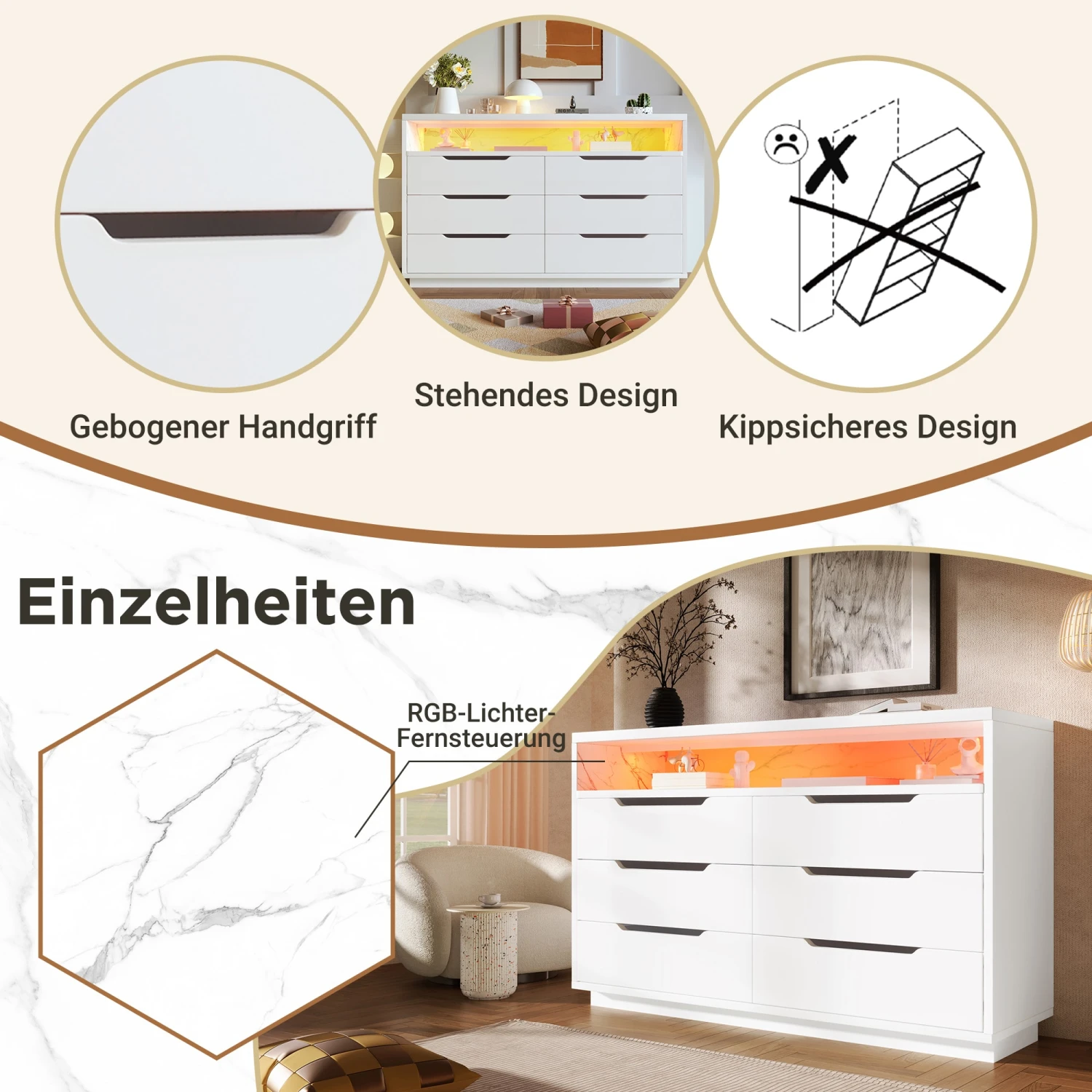 LED Sideboard Kommode Mit 6 Schubladen In Weiß 4 LED Sideboard Kommode Mit 6 Schubladen In Weiß – Bild 4