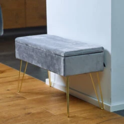 Sitzbank/Truhe Mit Samtbezug "Scarlett" In Grau -Yamazaki Mobel Geschaft echtwerk sitzbank truhe mit samtbezug scarlett in grau 3