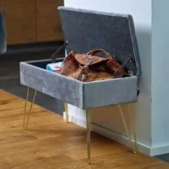 Sitzbank/Truhe Mit Samtbezug "Scarlett" In Grau -Yamazaki Mobel Geschaft echtwerk sitzbank truhe mit samtbezug scarlett in grau 4