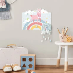 Kindergarderobe Holz - Lama Auf Regenbogen Sterne U. Punkte In Bunt -Yamazaki Mobel Geschaft wallart kindergarderobe holz lama auf regenbogen sterne u punkte in bunt 3