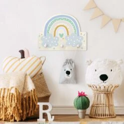 Kindergarderobe Holz - Regenbogen Mit Wolken Türkis In Pastell -Yamazaki Mobel Geschaft wallart kindergarderobe holz regenbogen mit wolken turkis in pastell 2