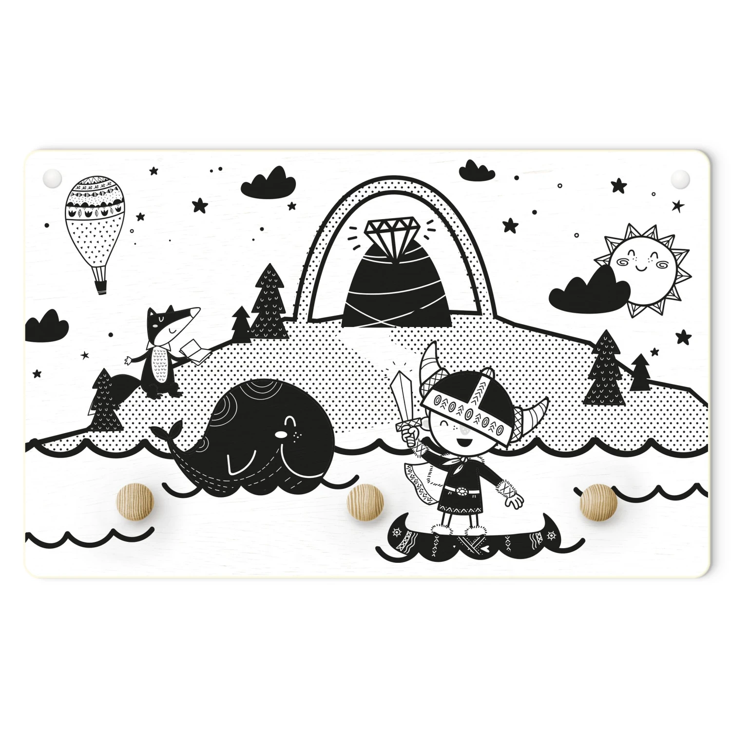 Kindergarderobe Holz - Wikinger - Pfad Zum Diamantenberg In Schwarz-Weiß 1 Kindergarderobe Holz - Wikinger - Pfad Zum Diamantenberg In Schwarz-Weiß