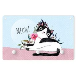 Kindergarderobe Holz - Zufriedenes Kätzchen Mit Spruch Meow In Bunt